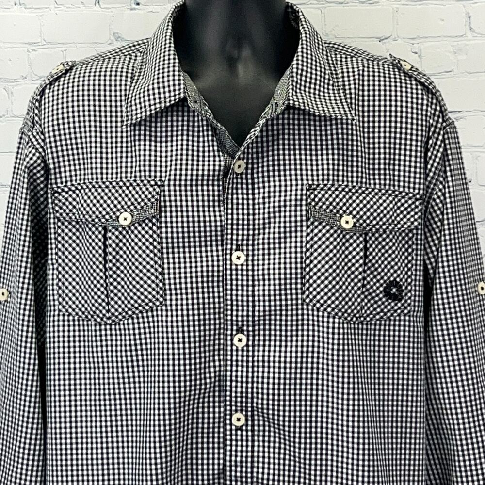 Akademiks Button Front Shirt Black Check Plaid Long Sleeve Pockets Mens 3XL XXXL
